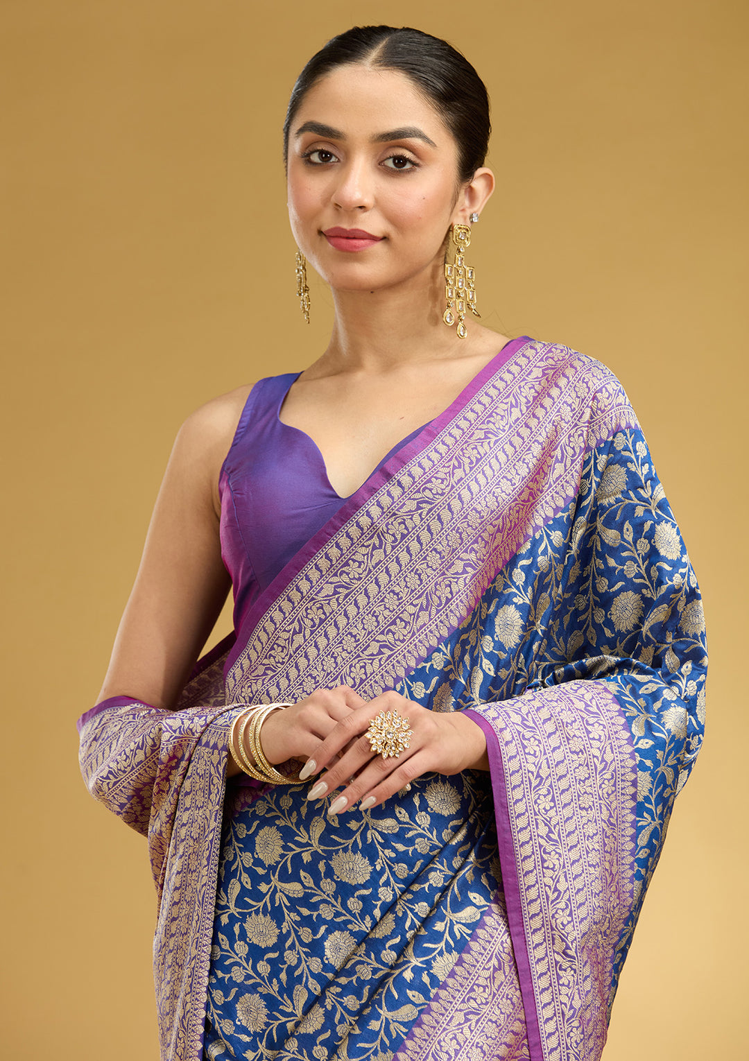 Royal Blue Silk Jaal Gold Zariwork Saree With Matching Blouse Piece