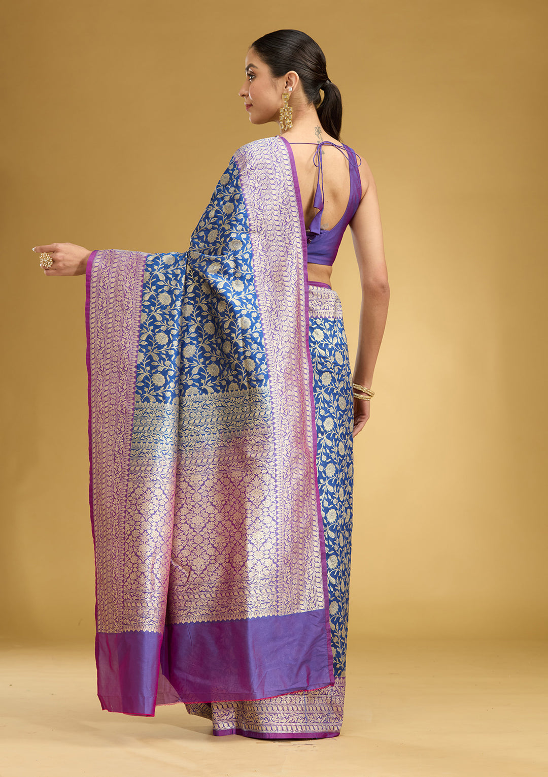 Royal Blue Silk Jaal Gold Zariwork Saree With Matching Blouse Piece
