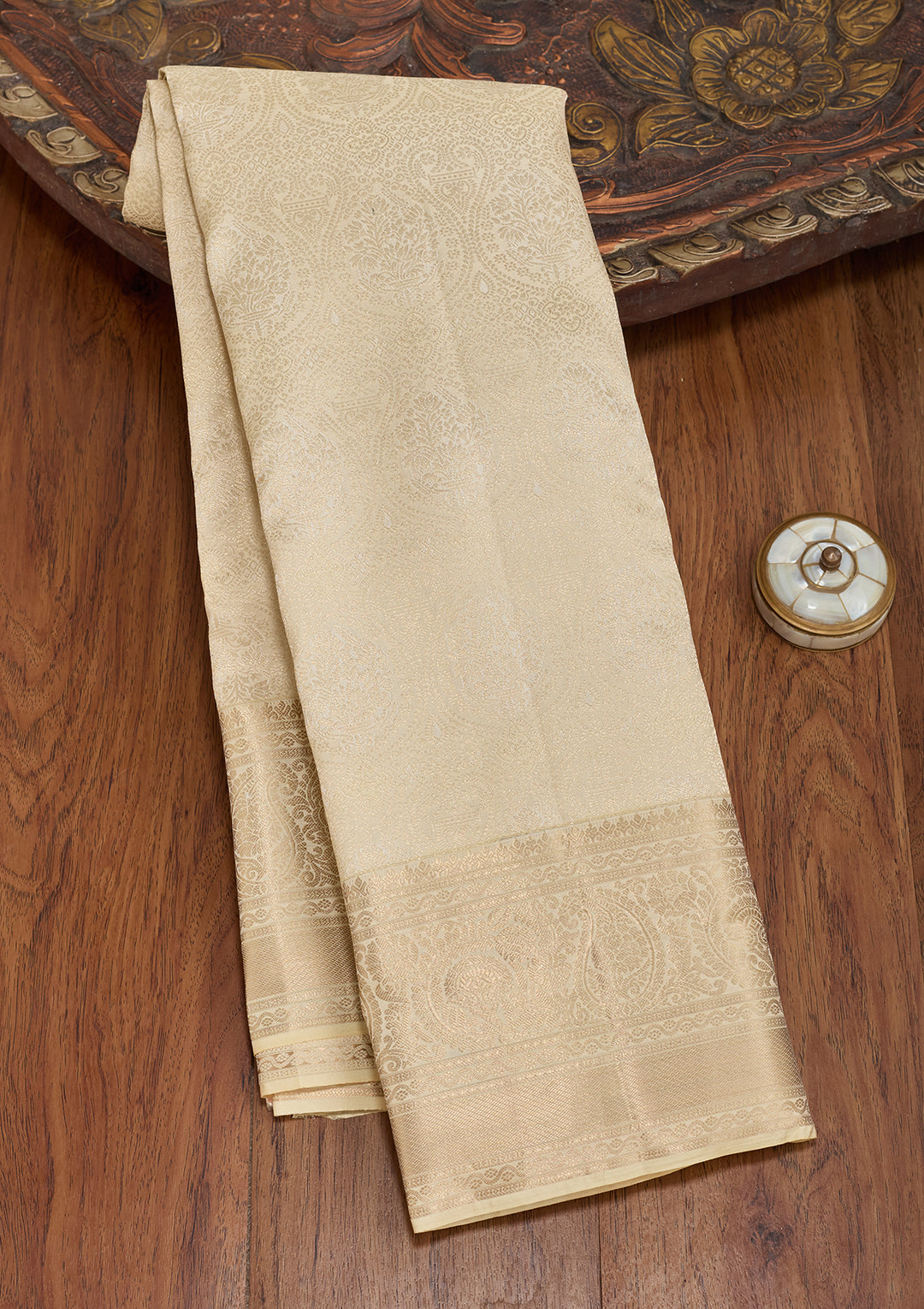 Cream Silk Jaal Silver Zariwork Saree With Matching Blouse Piece
