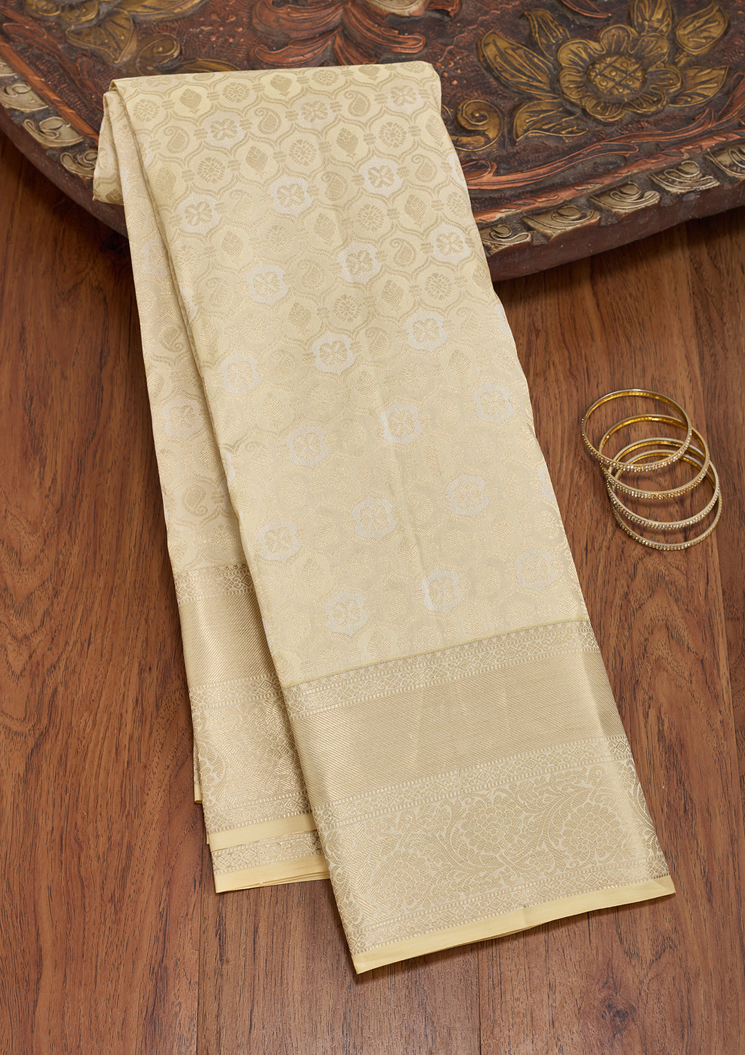 Cream Silk Jaal Silver Zariwork Saree With Matching Blouse Piece