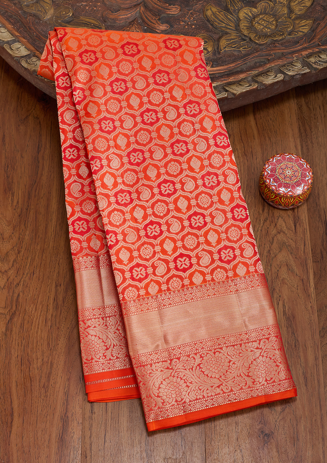 Orange Silk Jaal Silver Zariwork Saree With Matching Blouse Piece