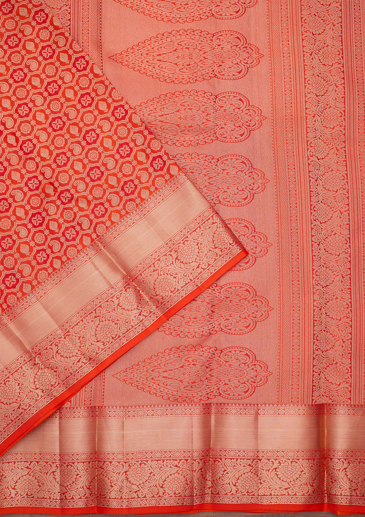 Orange Silk Jaal Silver Zariwork Saree With Matching Blouse Piece