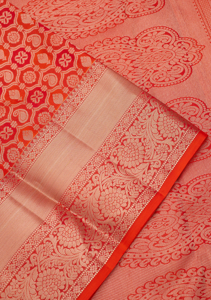 Orange Silk Jaal Silver Zariwork Saree With Matching Blouse Piece