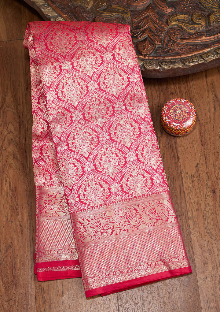 Rani Pink Silk Jaal Gold Zariwork Saree With Matching Blouse Piece