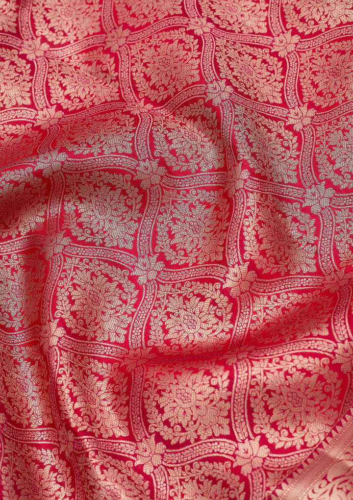 Rani Pink Silk Jaal Gold Zariwork Saree With Matching Blouse Piece