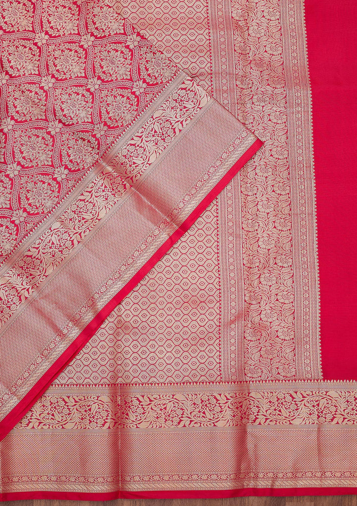 Rani Pink Silk Jaal Gold Zariwork Saree With Matching Blouse Piece