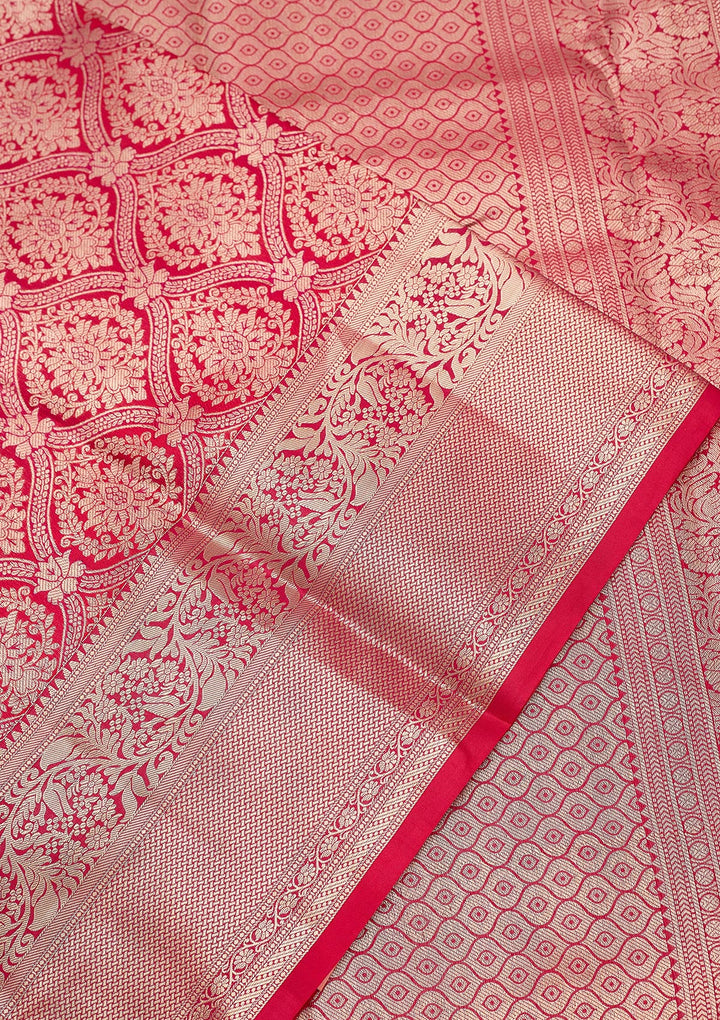 Rani Pink Silk Jaal Gold Zariwork Saree With Matching Blouse Piece
