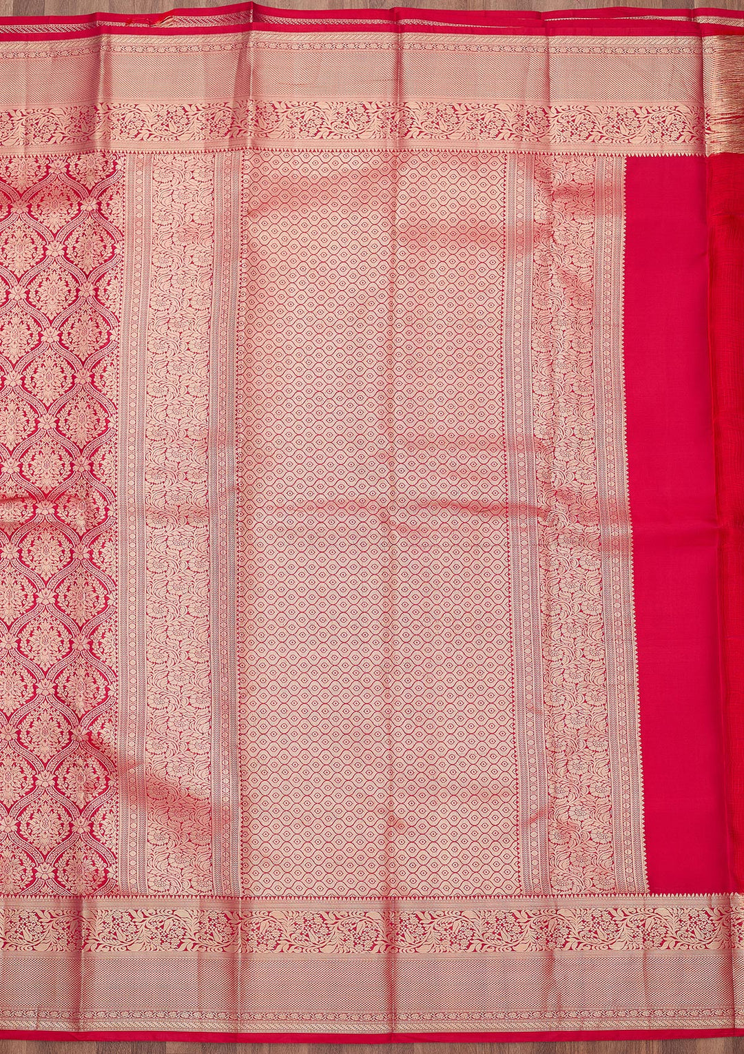 Rani Pink Silk Jaal Gold Zariwork Saree With Matching Blouse Piece