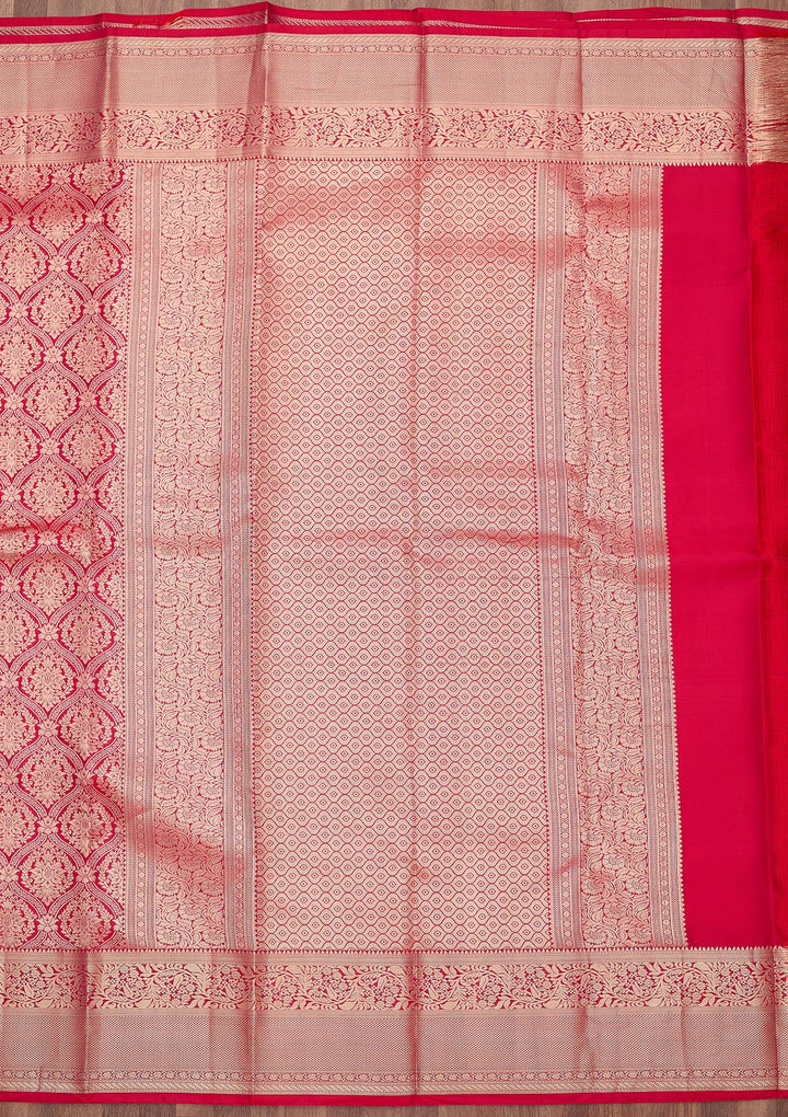 Rani Pink Silk Jaal Gold Zariwork Saree With Matching Blouse Piece