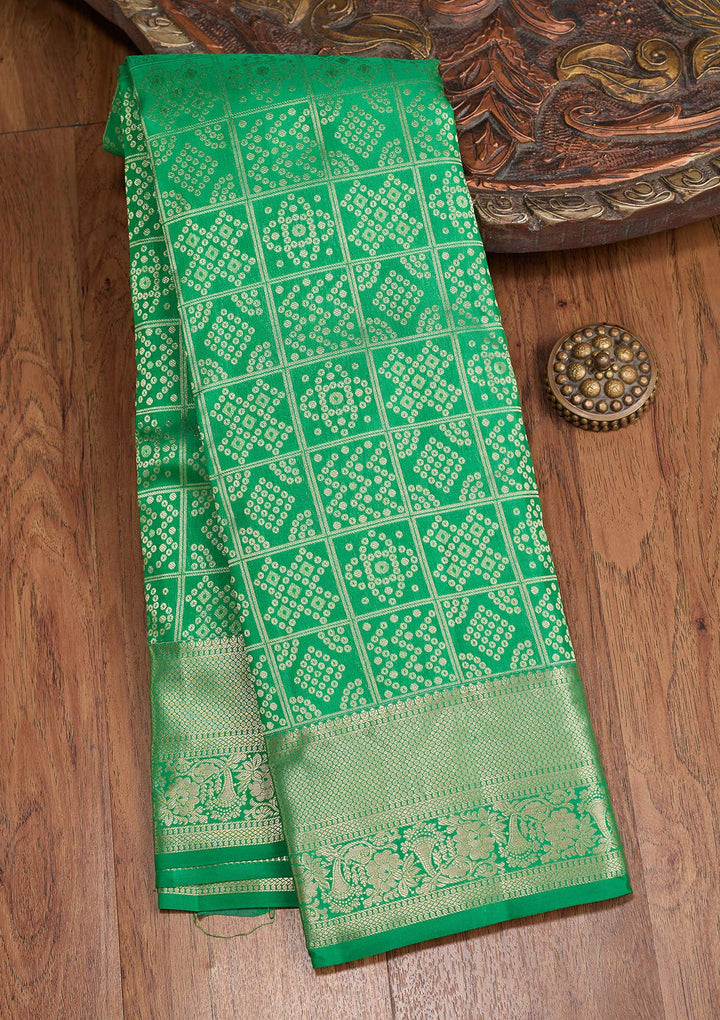 Green Silk Jaal Gold Zariwork Saree With Matching Blouse Piece