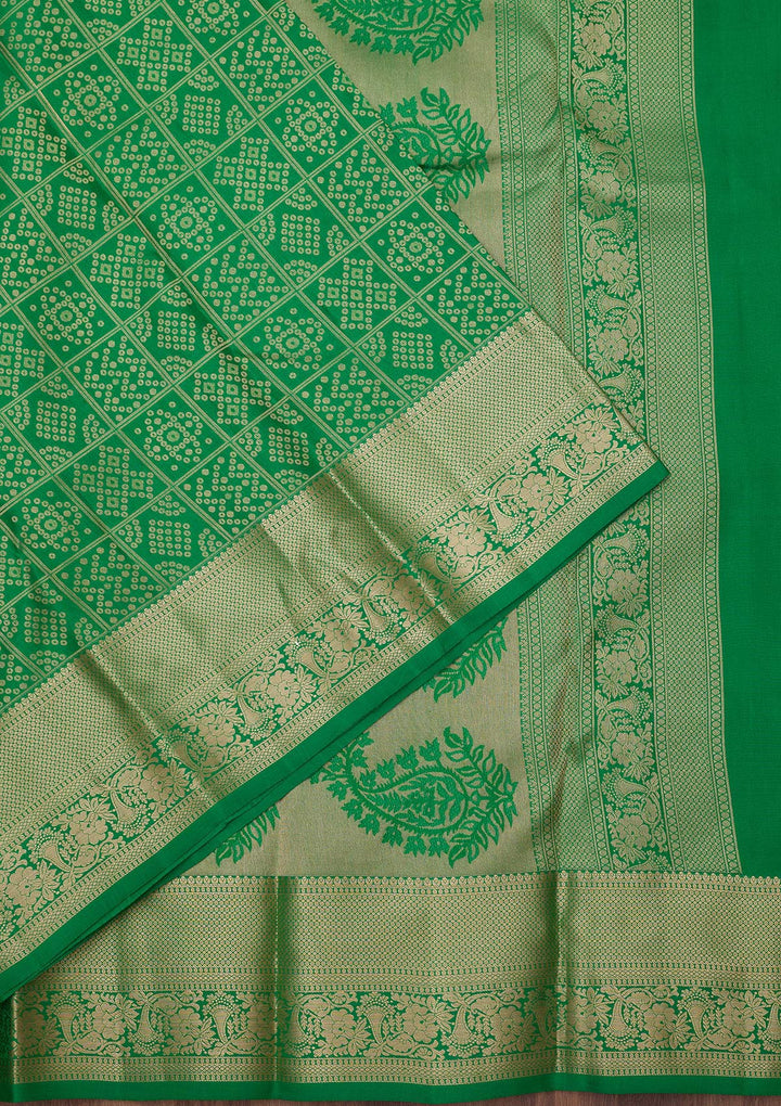 Green Silk Jaal Gold Zariwork Saree With Matching Blouse Piece
