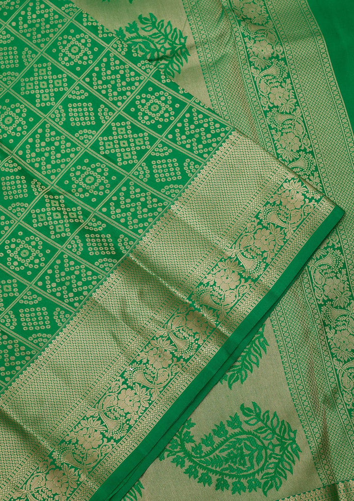 Green Silk Jaal Gold Zariwork Saree With Matching Blouse Piece