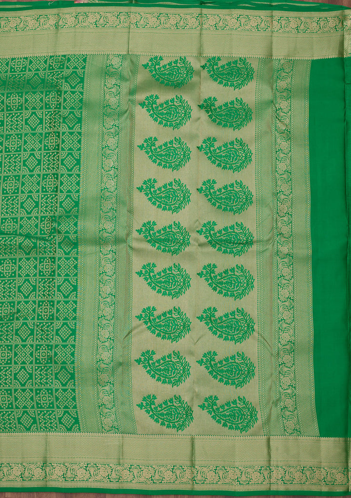 Green Silk Jaal Gold Zariwork Saree With Matching Blouse Piece