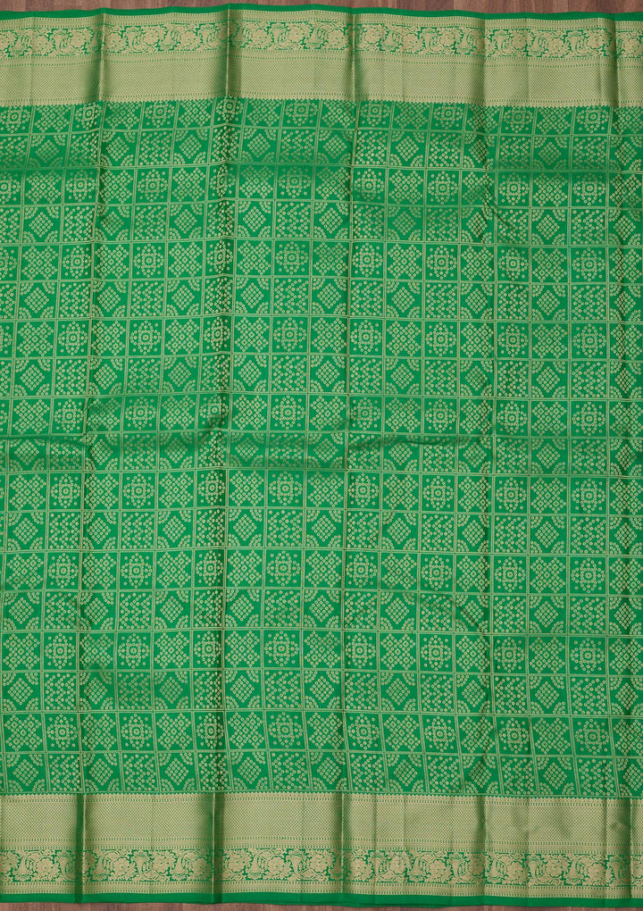 Green Silk Jaal Gold Zariwork Saree With Matching Blouse Piece
