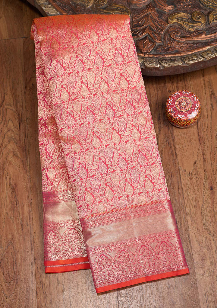 Orange Silk Jaal Gold Zariwork Saree With Matching Blouse Piece