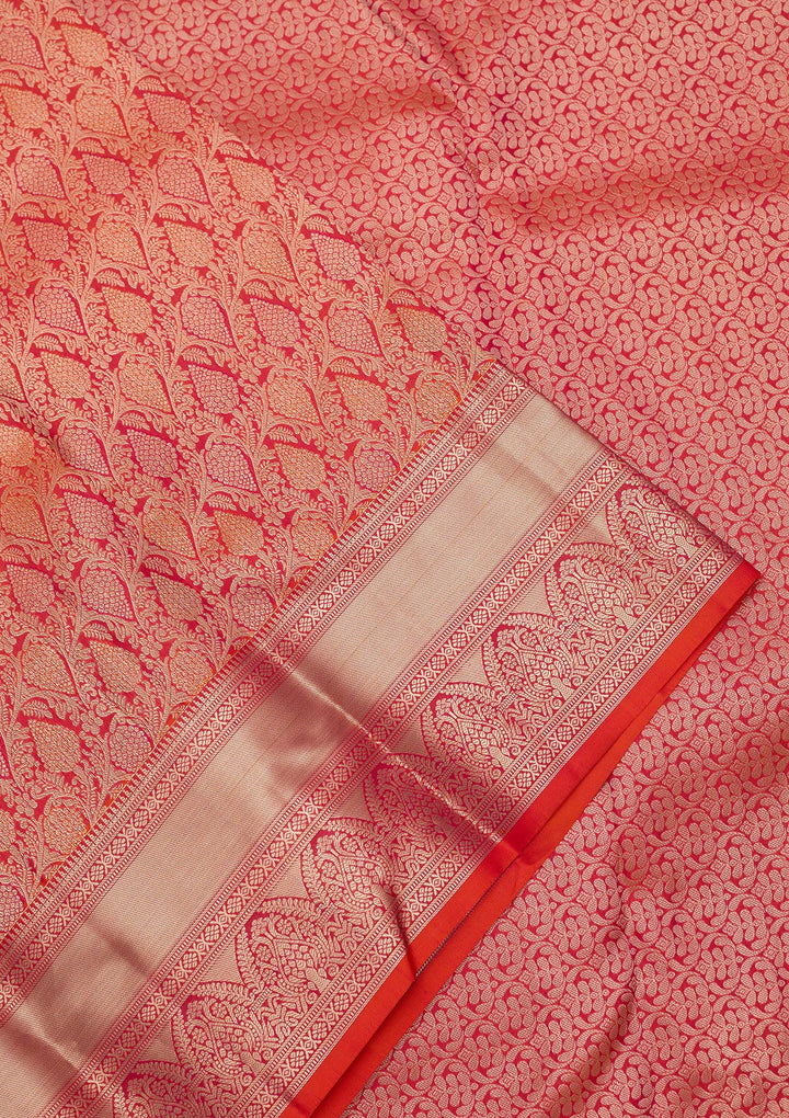 Orange Silk Jaal Gold Zariwork Saree With Matching Blouse Piece