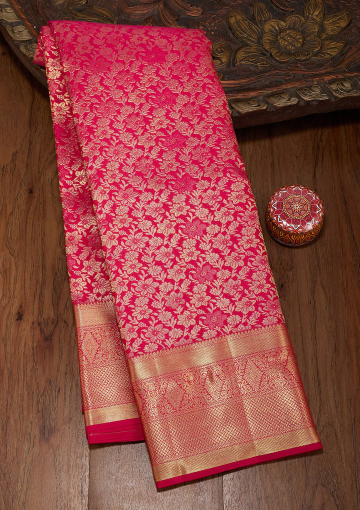 Rani Pink Silk Jaal Gold Zariwork Saree With Matching Blouse Piece