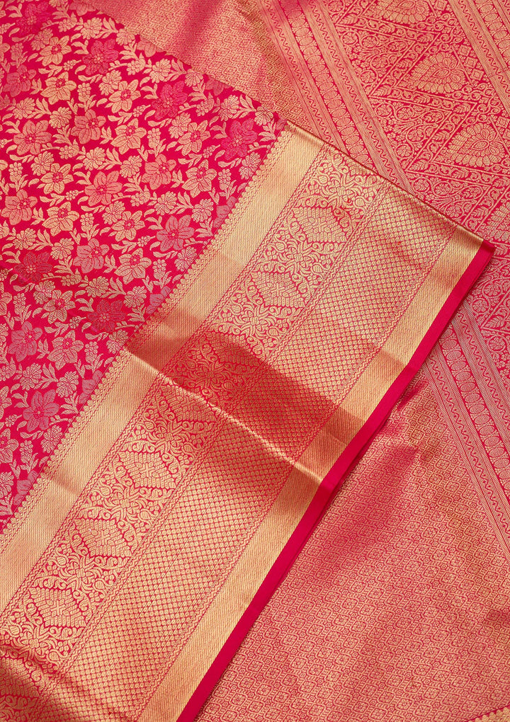 Rani Pink Silk Jaal Gold Zariwork Saree With Matching Blouse Piece