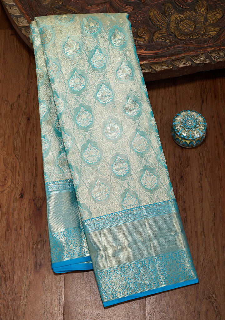Blue Silk Jaal Gold Zariwork Saree With Matching Blouse Piece