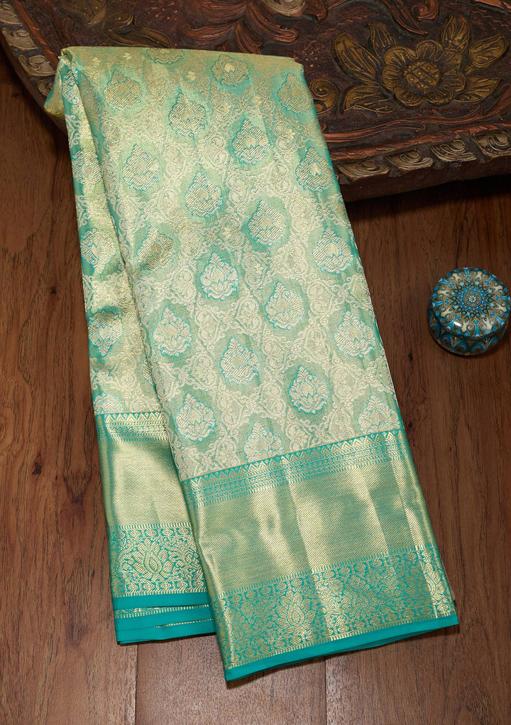 Rama Green Silk Jaal Gold Zariwork Saree With Matching Blouse Piece
