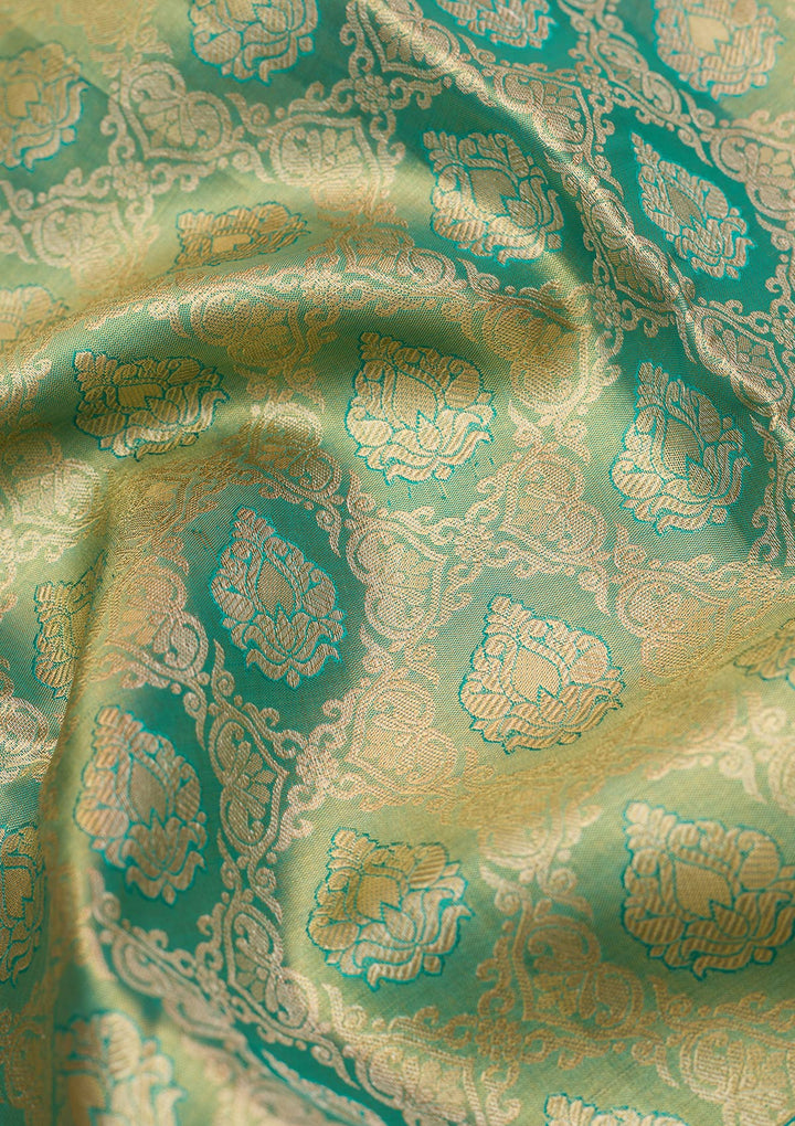 Rama Green Silk Jaal Gold Zariwork Saree With Matching Blouse Piece