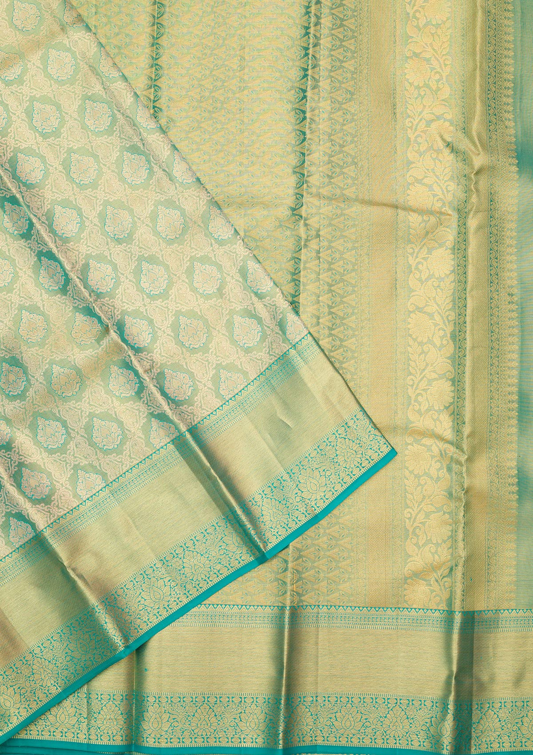 Rama Green Silk Jaal Gold Zariwork Saree With Matching Blouse Piece