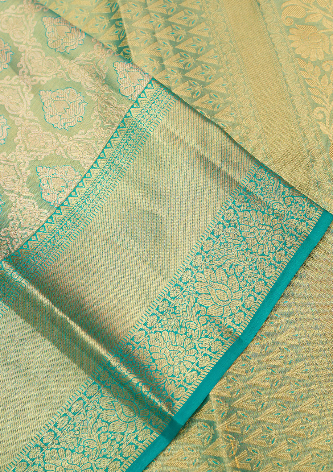 Rama Green Silk Jaal Gold Zariwork Saree With Matching Blouse Piece