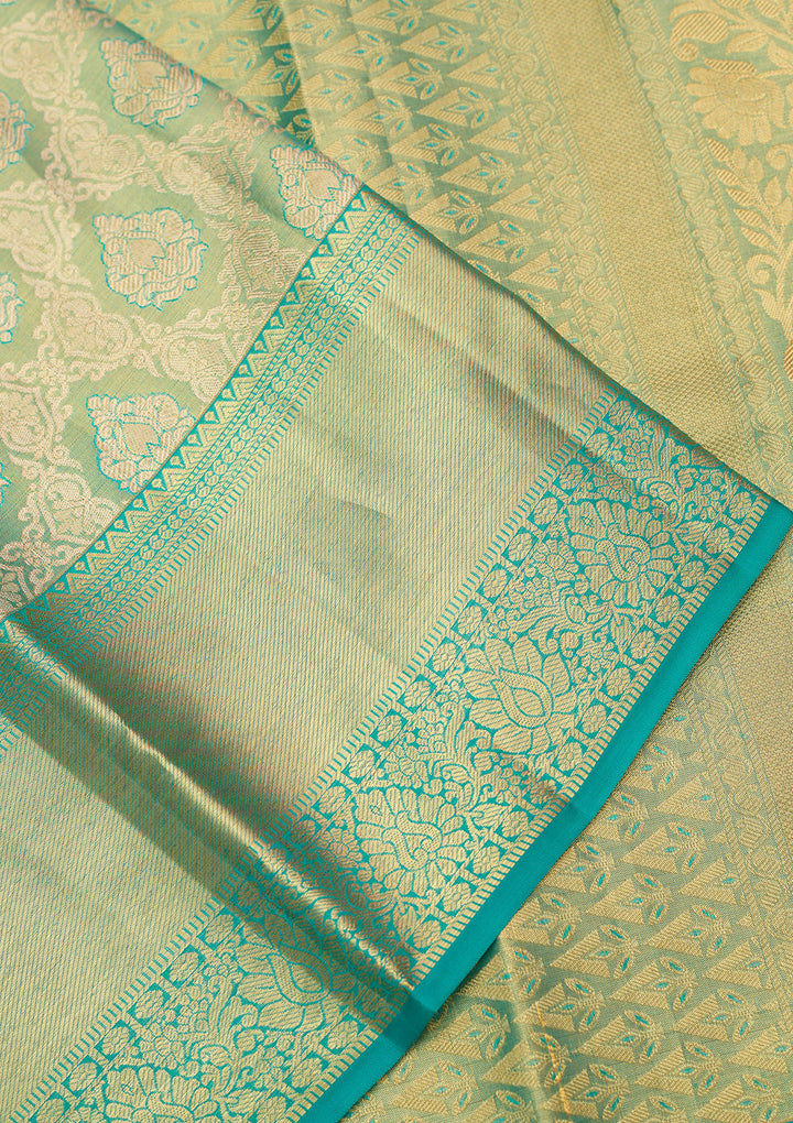 Rama Green Silk Jaal Gold Zariwork Saree With Matching Blouse Piece