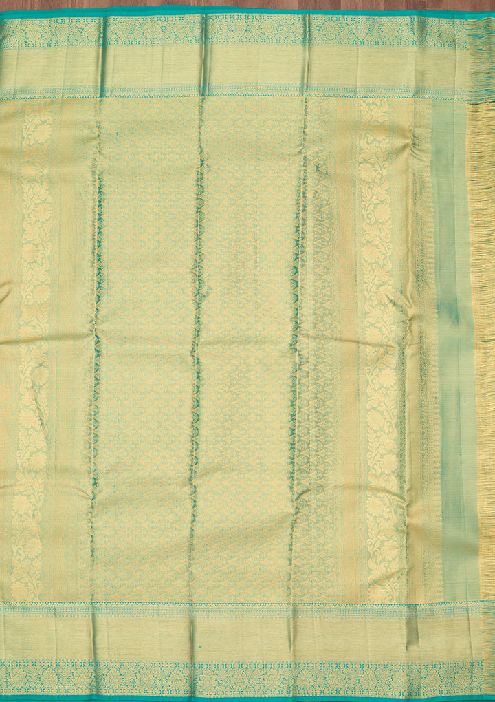 Rama Green Silk Jaal Gold Zariwork Saree With Matching Blouse Piece