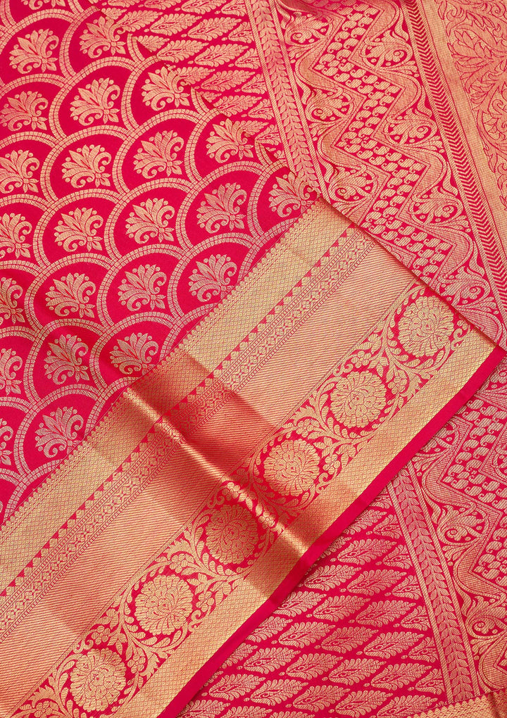 Rani Pink Silk Jaal Gold Zariwork Saree With Matching Blouse Piece