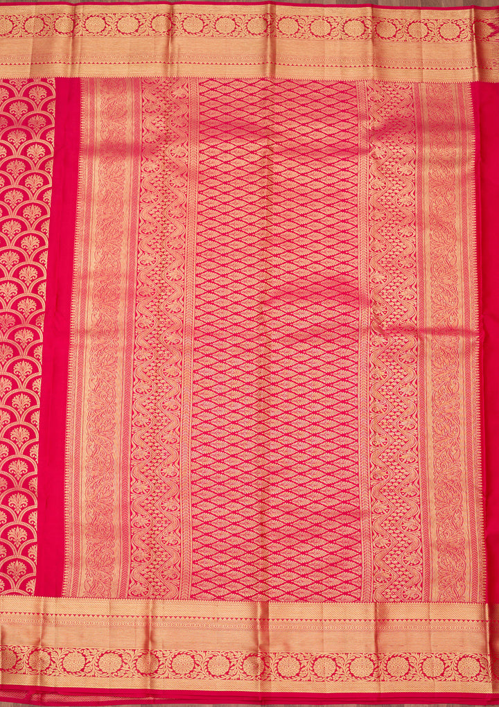 Rani Pink Silk Jaal Gold Zariwork Saree With Matching Blouse Piece