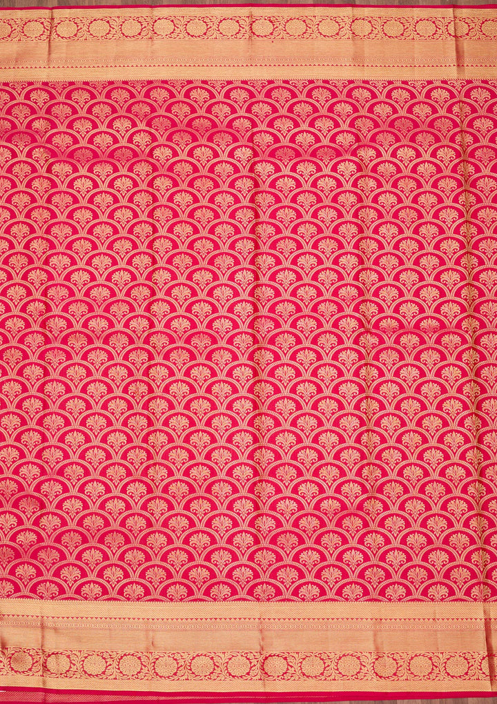 Rani Pink Silk Jaal Gold Zariwork Saree With Matching Blouse Piece