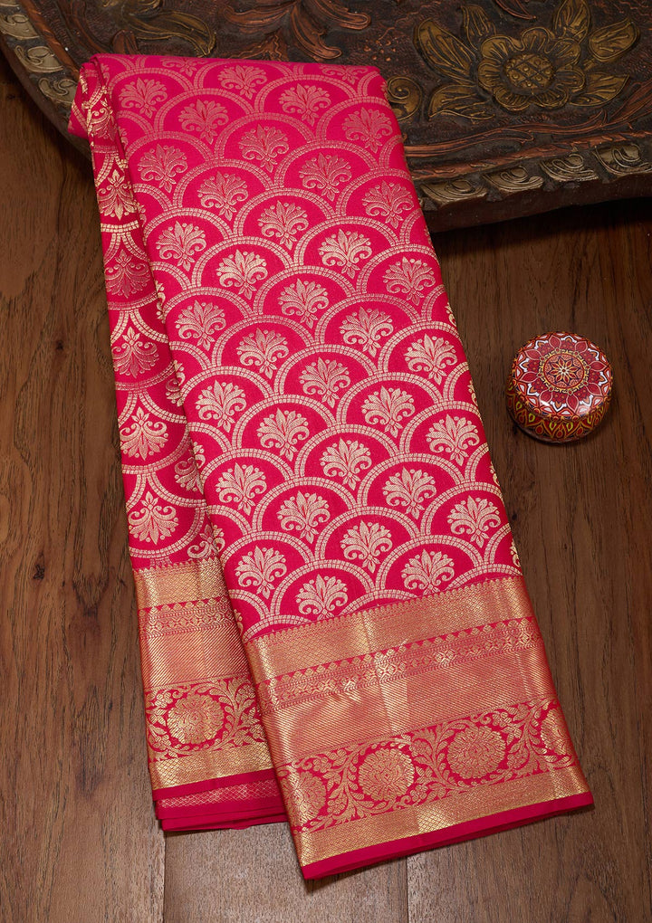 Rani Pink Silk Jaal Gold Zariwork Saree With Matching Blouse Piece