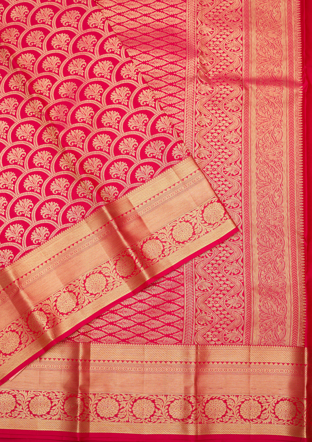 Rani Pink Silk Jaal Gold Zariwork Saree With Matching Blouse Piece