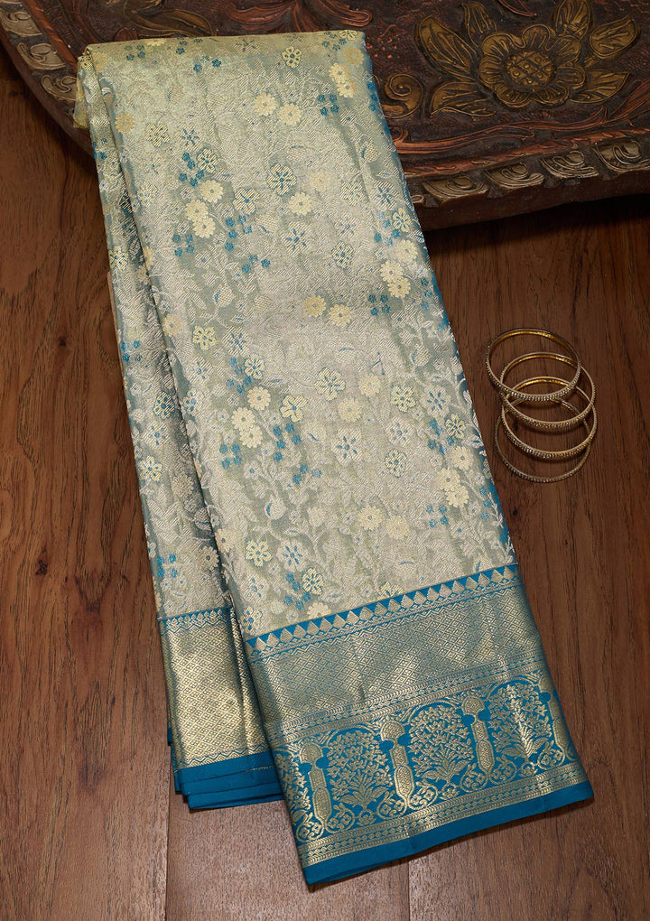 Peacock Blue Silk Jaal Gold Zariwork Saree With Matching Blouse Piece