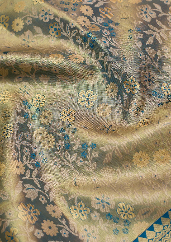 Peacock Blue Silk Jaal Gold Zariwork Saree With Matching Blouse Piece