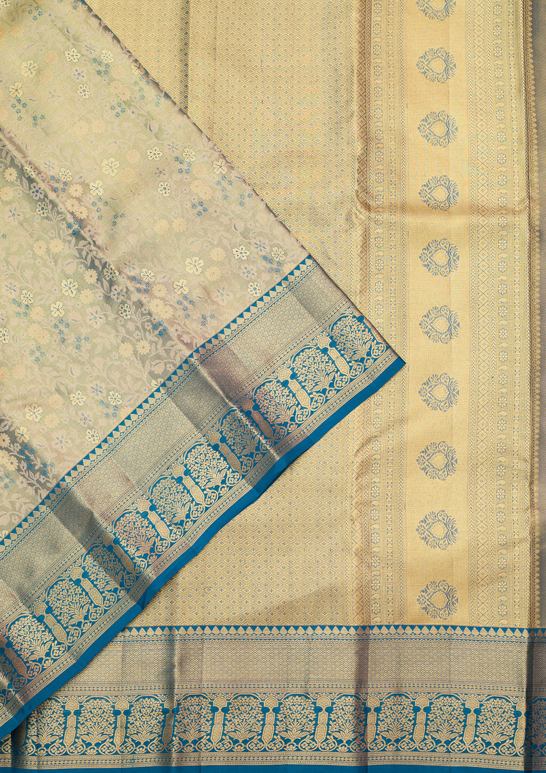 Peacock Blue Silk Jaal Gold Zariwork Saree With Matching Blouse Piece