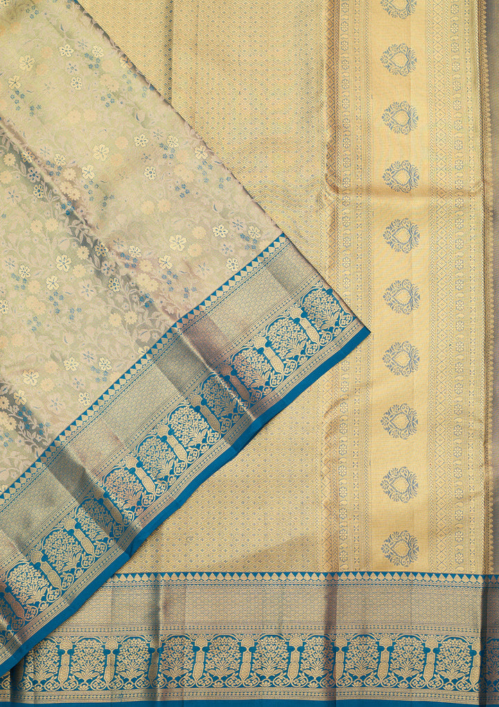 Peacock Blue Silk Jaal Gold Zariwork Saree With Matching Blouse Piece