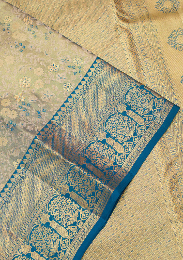 Peacock Blue Silk Jaal Gold Zariwork Saree With Matching Blouse Piece