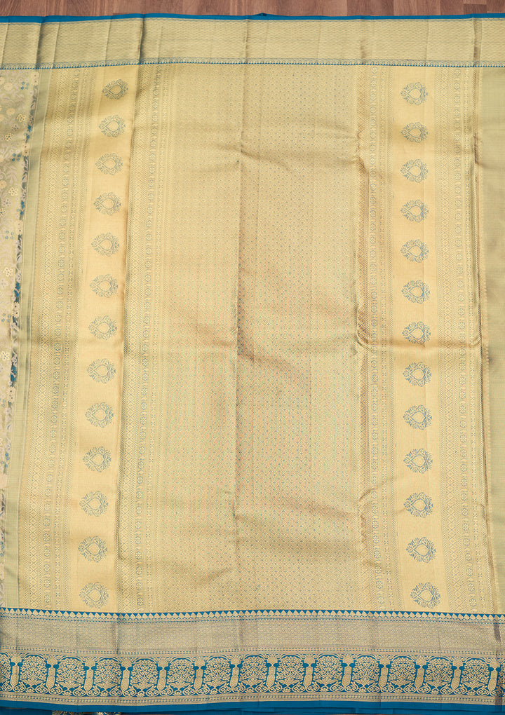 Peacock Blue Silk Jaal Gold Zariwork Saree With Matching Blouse Piece