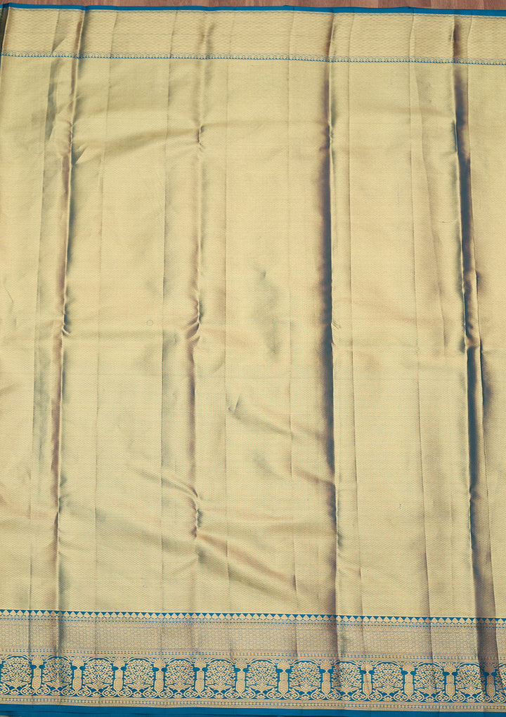 Peacock Blue Silk Jaal Gold Zariwork Saree With Matching Blouse Piece
