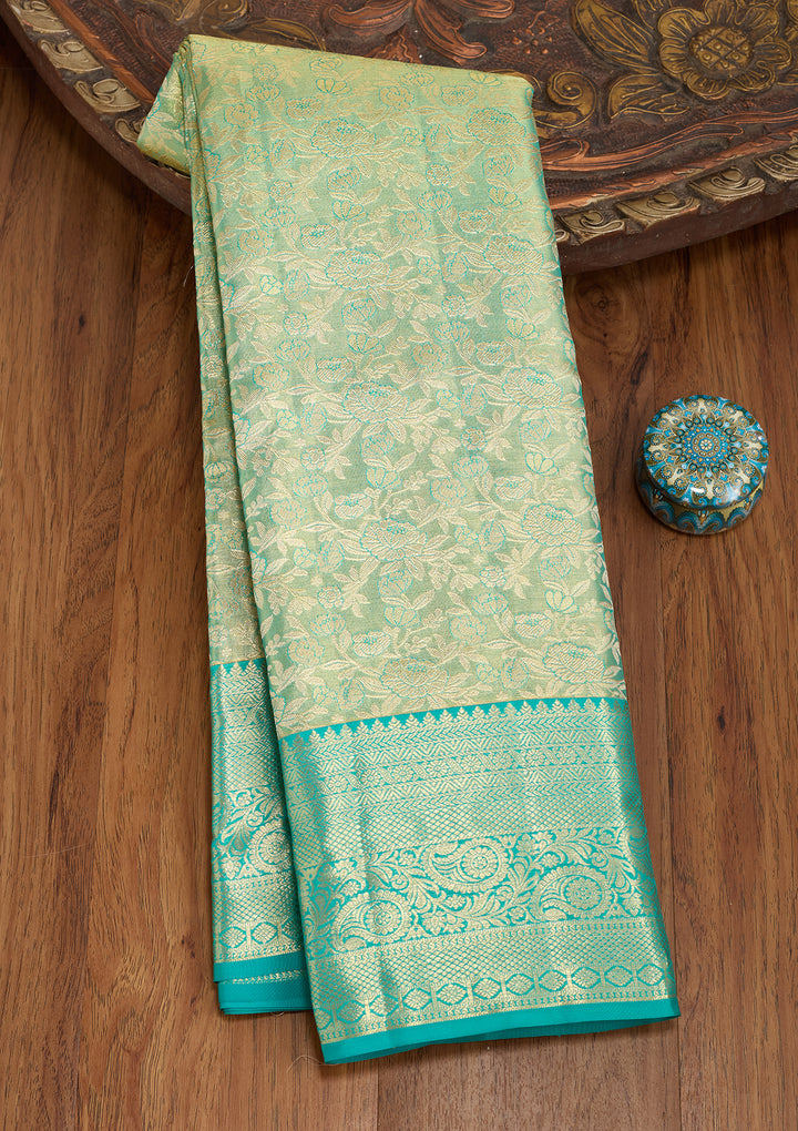 Sea Green Silk Jaal Gold Zariwork Saree With Matching Blouse Piece