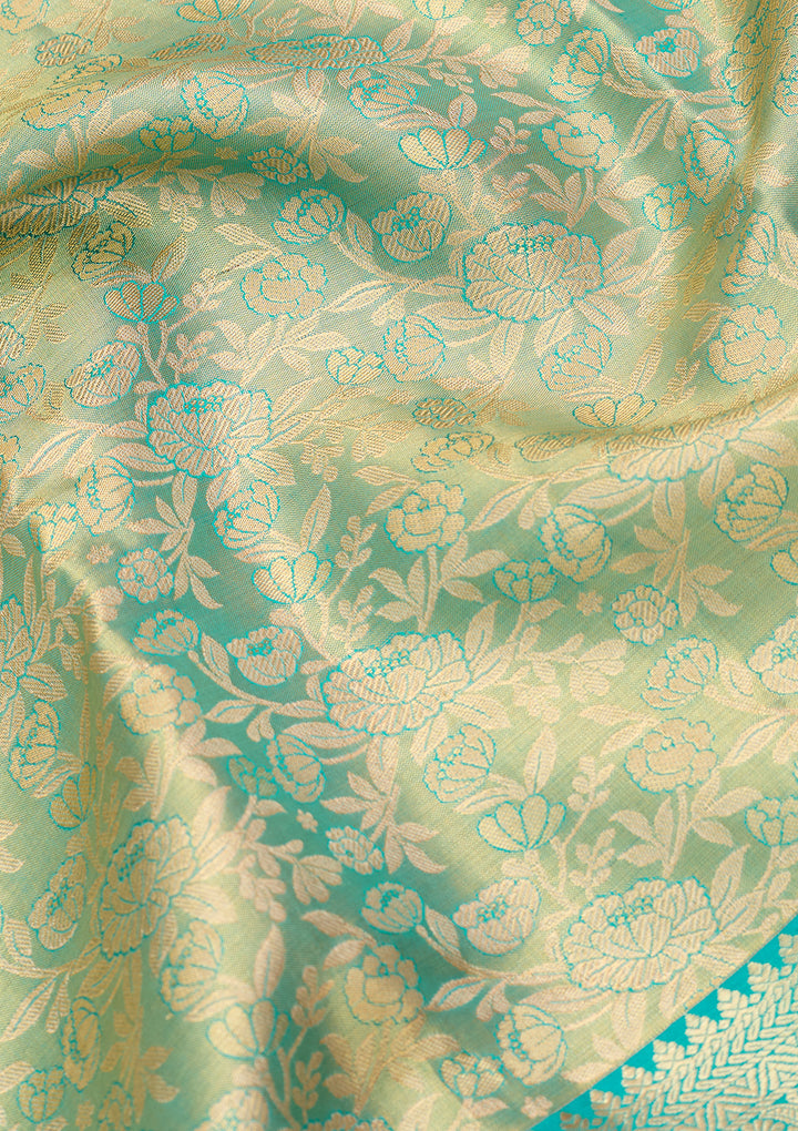 Sea Green Silk Jaal Gold Zariwork Saree With Matching Blouse Piece