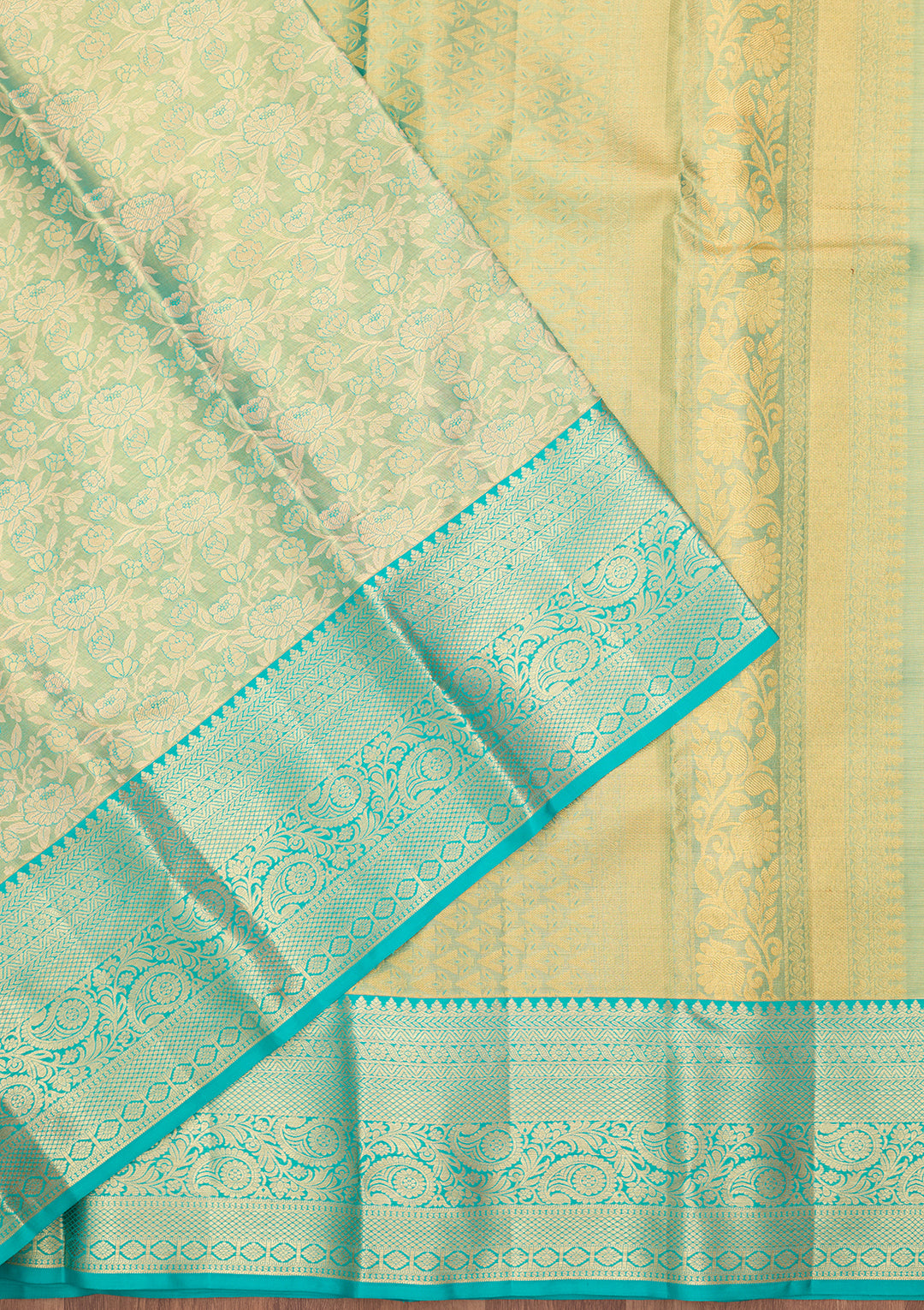 Sea Green Silk Jaal Gold Zariwork Saree With Matching Blouse Piece