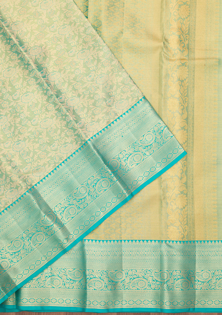 Sea Green Silk Jaal Gold Zariwork Saree With Matching Blouse Piece