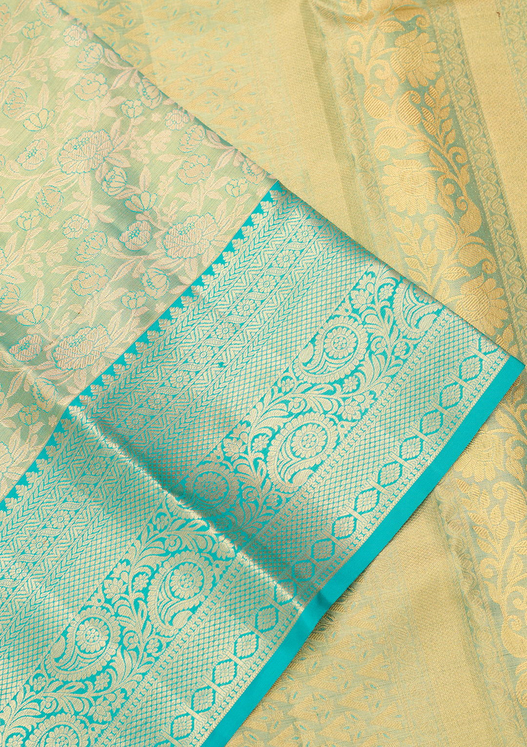 Sea Green Silk Jaal Gold Zariwork Saree With Matching Blouse Piece