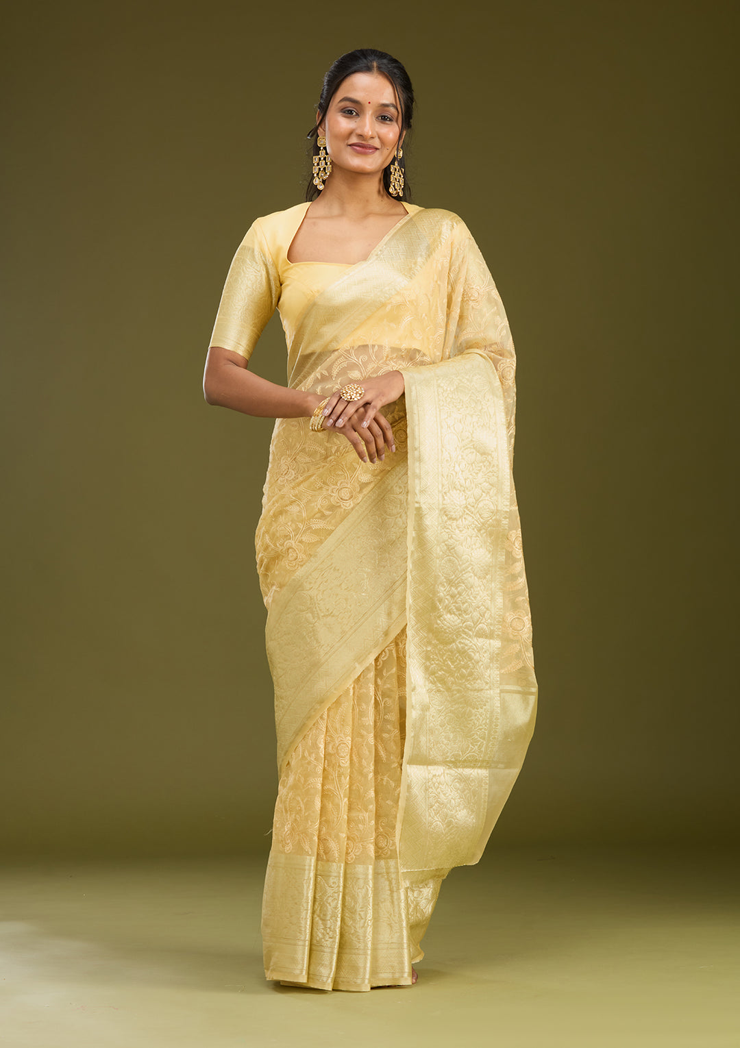 Beige Tissue Jaal Gold Zariwork Saree With Matching Blouse Piece