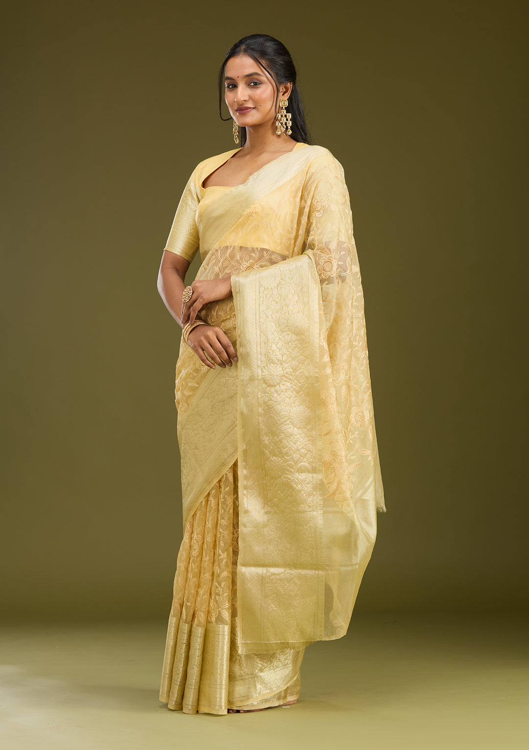 Beige Tissue Jaal Gold Zariwork Saree With Matching Blouse Piece