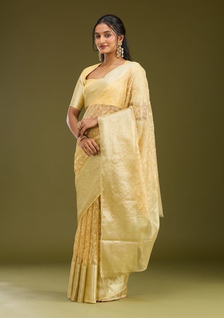 Beige Tissue Jaal Gold Zariwork Saree With Matching Blouse Piece