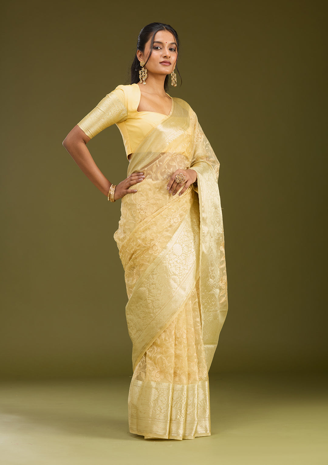 Beige Tissue Jaal Gold Zariwork Saree With Matching Blouse Piece